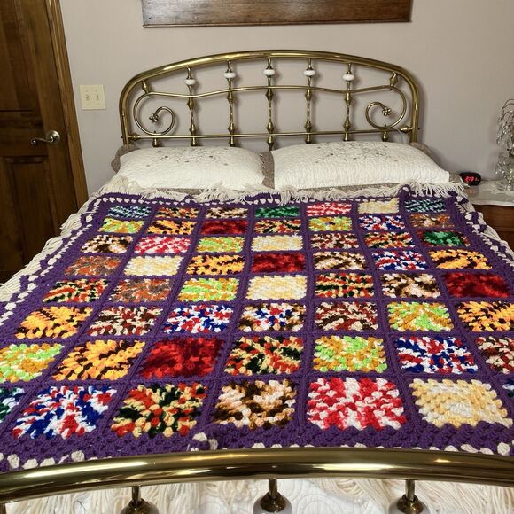 Vtg Granny Square Handmade Crochet Afghan Blanket Multicolor 51x60 Fringe - Picture 2 of 11